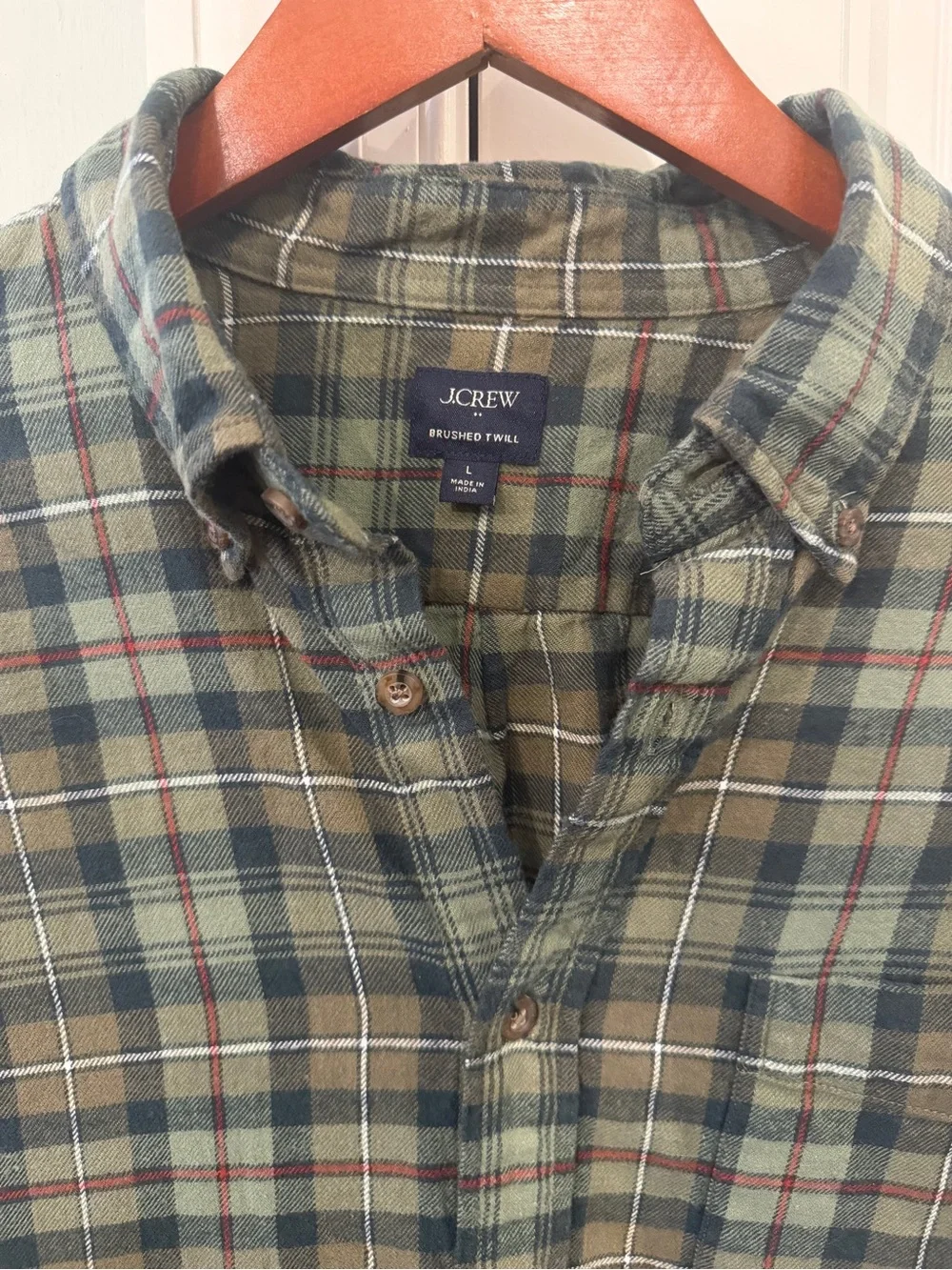 J.Crew Men’s Large Brushed Twill Flannel Shirt Green Plaid Button Down
